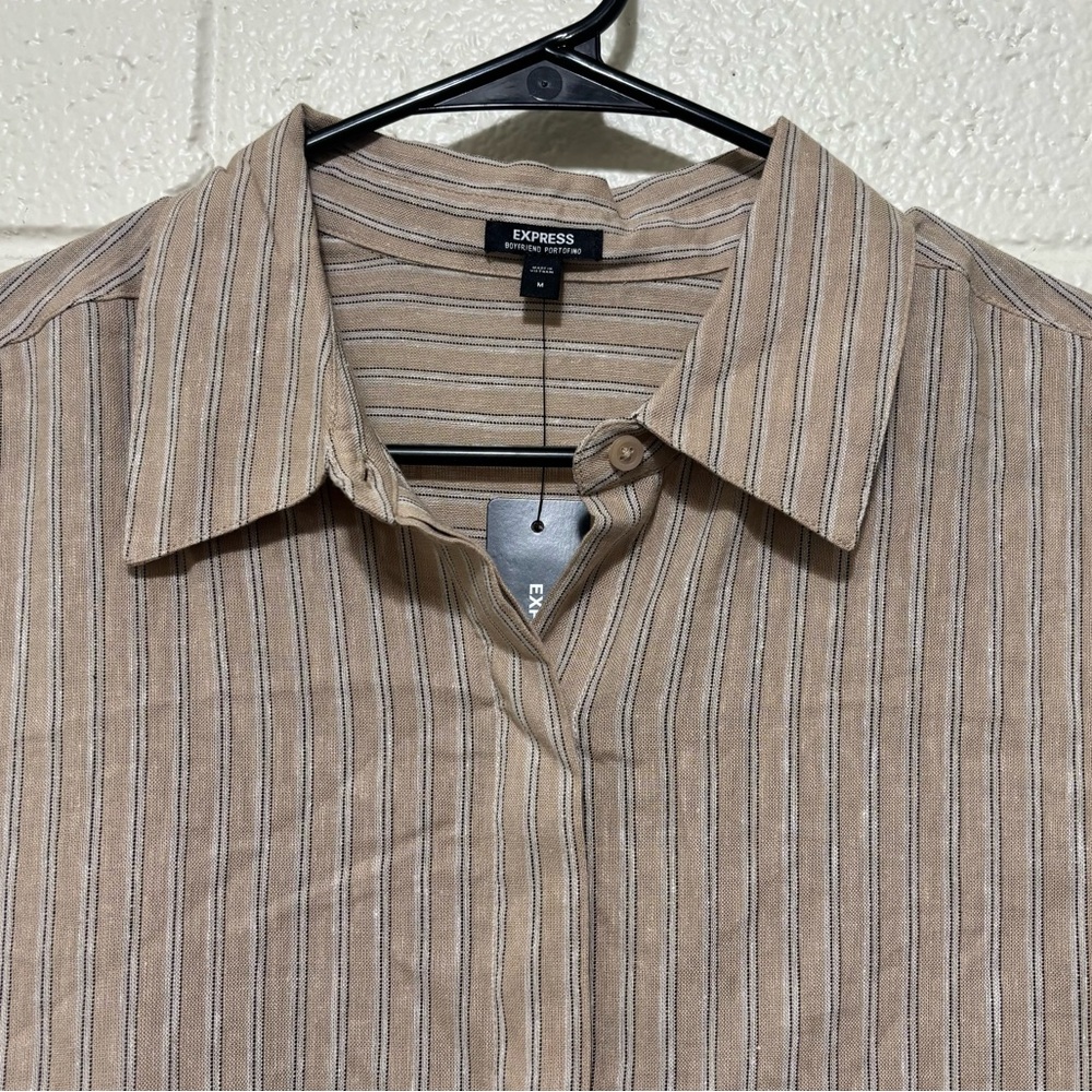 Express Shirt Women Medium Beige Striped Boyfriend Portofino Linen Blend Button